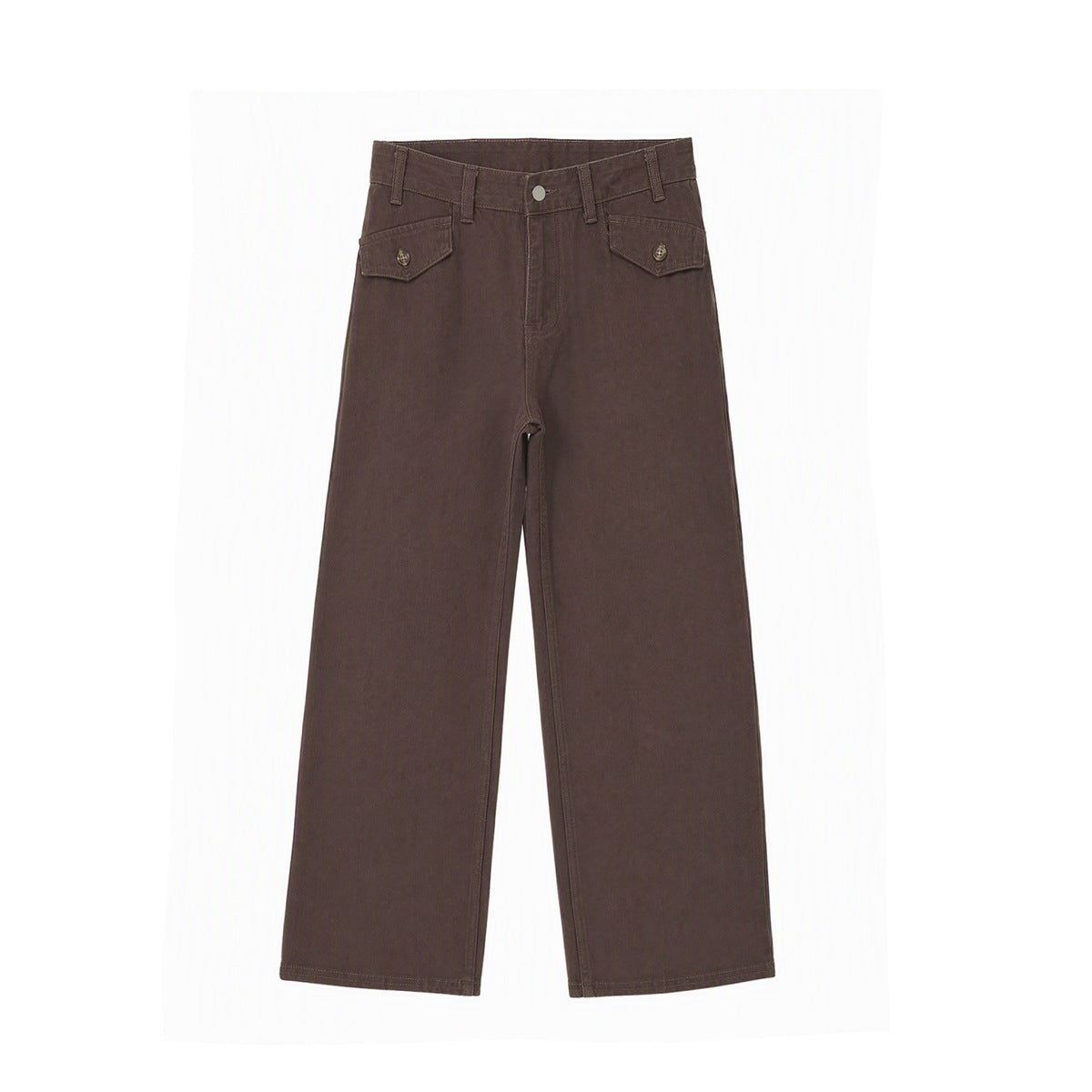 Front view of dark brown wide-leg trousers with belt loops, a button closure, and flap pockets.
