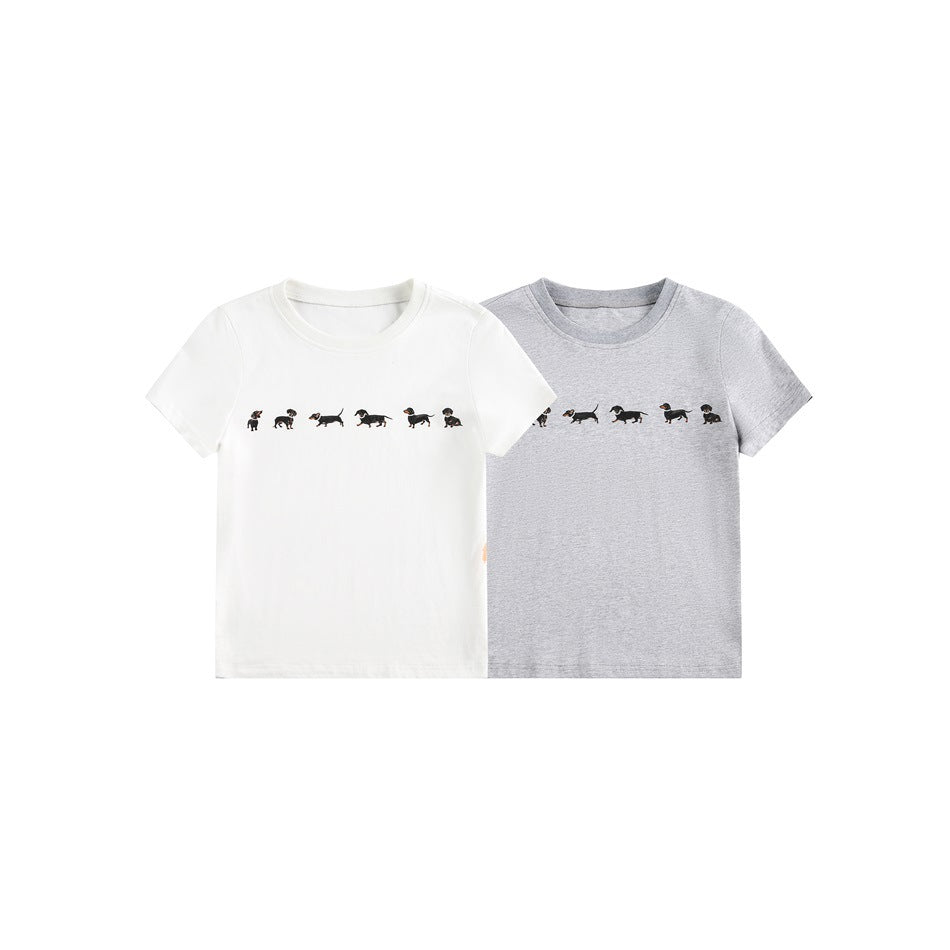 White and light gray short-sleeve T-shirts, each with a row of dachshund illustrations, shown side by side.