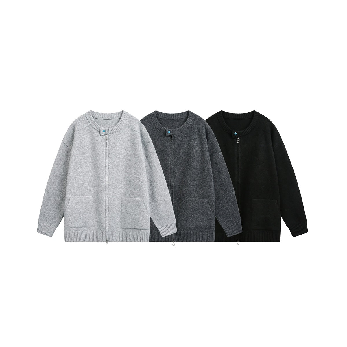 Three front views of the same zip-front knit cardigan in light gray, charcoal gray and black.
