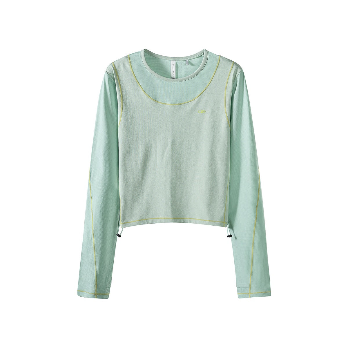 Mint green cropped long-sleeve top with yellow-green contrast stitching and side hem toggles