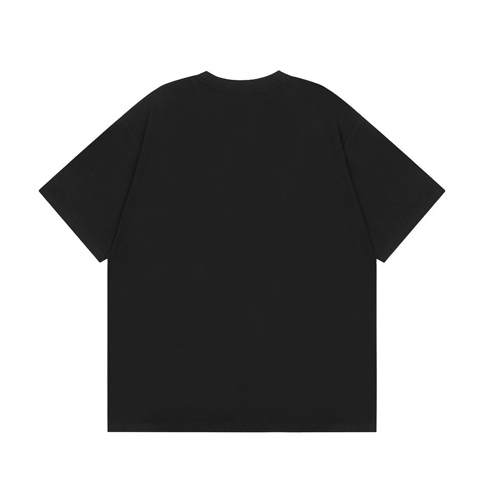 Back view of a plain black short-sleeve crew-neck T-shirt, flat lay