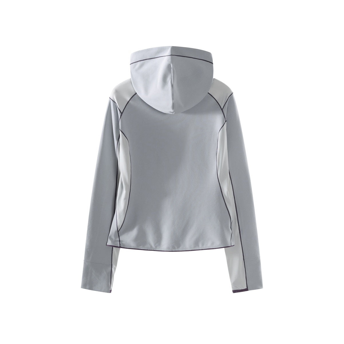Back view of a gray hooded top with white side panels and dark piping, shown flat against white.