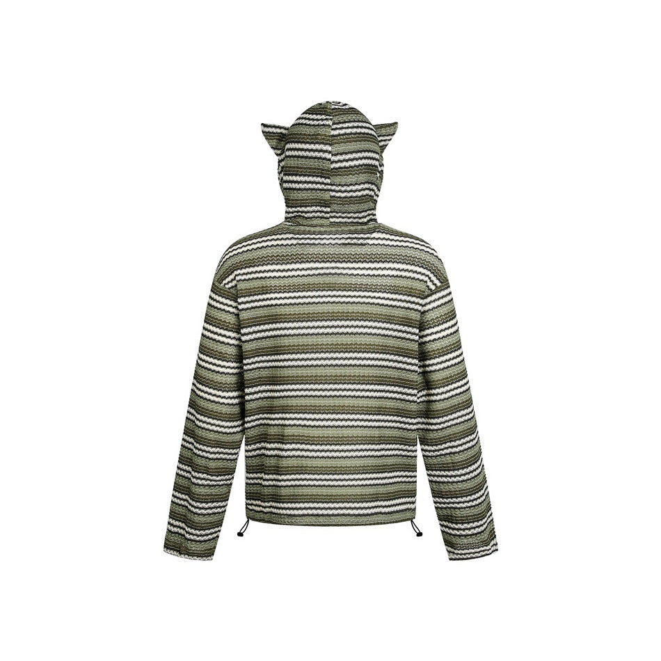 Back view of an olive, brown and cream striped hooded top with pointed hood details and an adjustable hem.