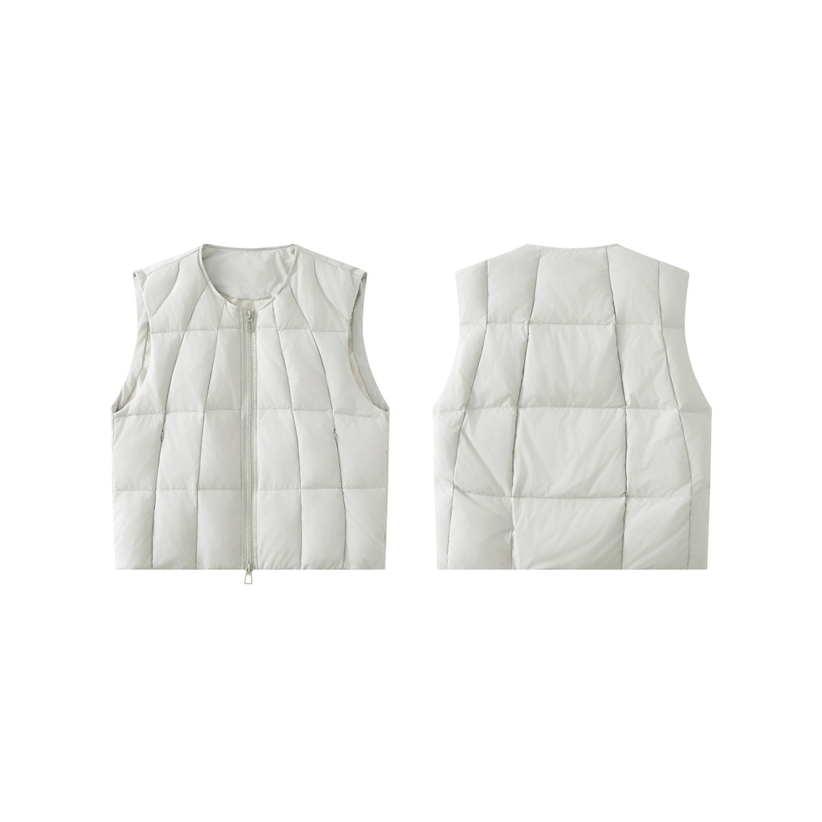 Ivory quilted sleeveless vest shown from the front and back, with a full front zipper.