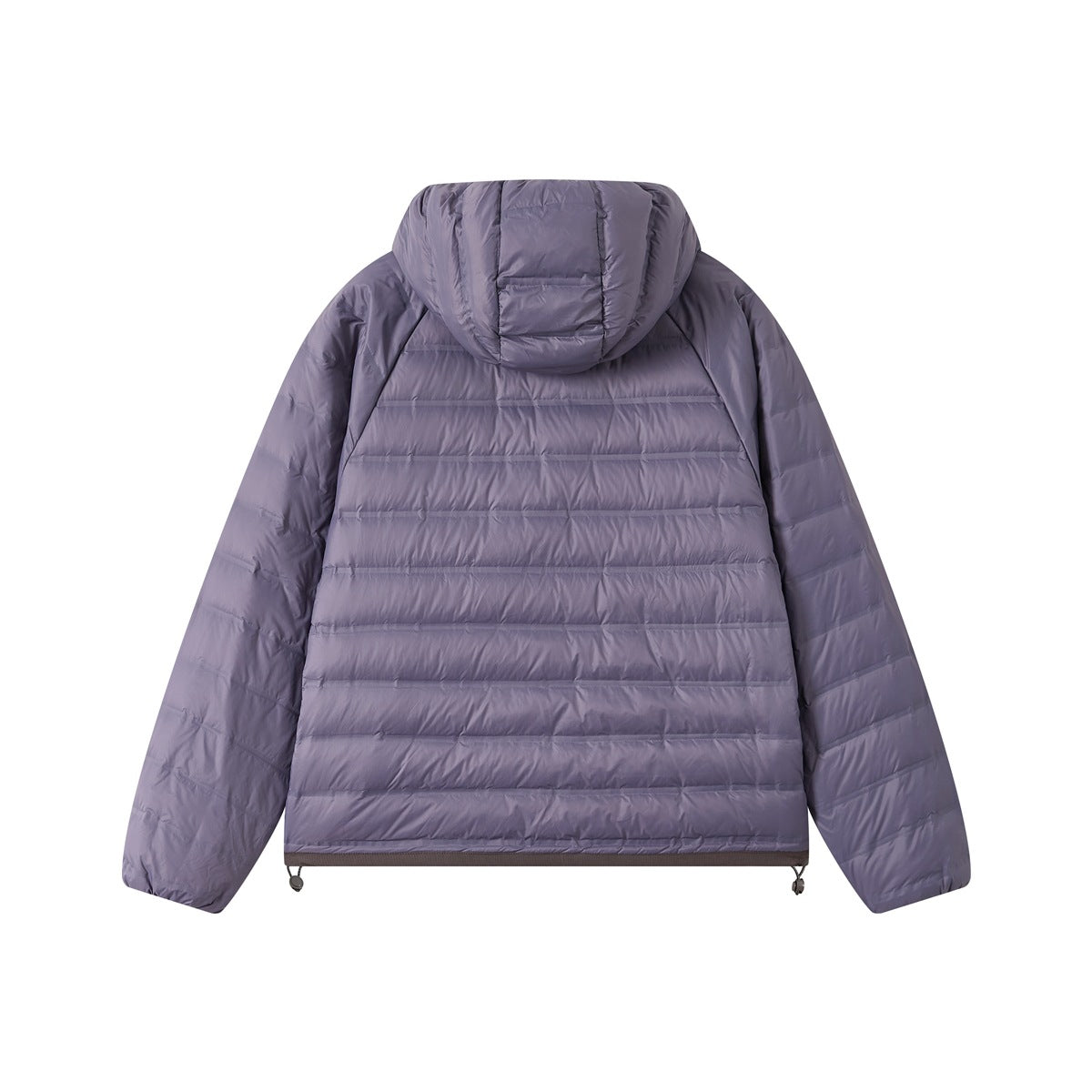 Back view of a lavender-gray hooded jacket with horizontal quilting and a drawcord hem.