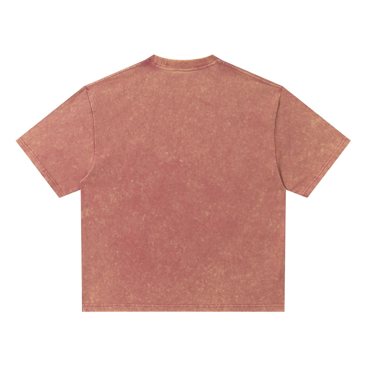 Back view of a dusty rose acid-wash T-shirt with short sleeves and a ribbed crew neck.