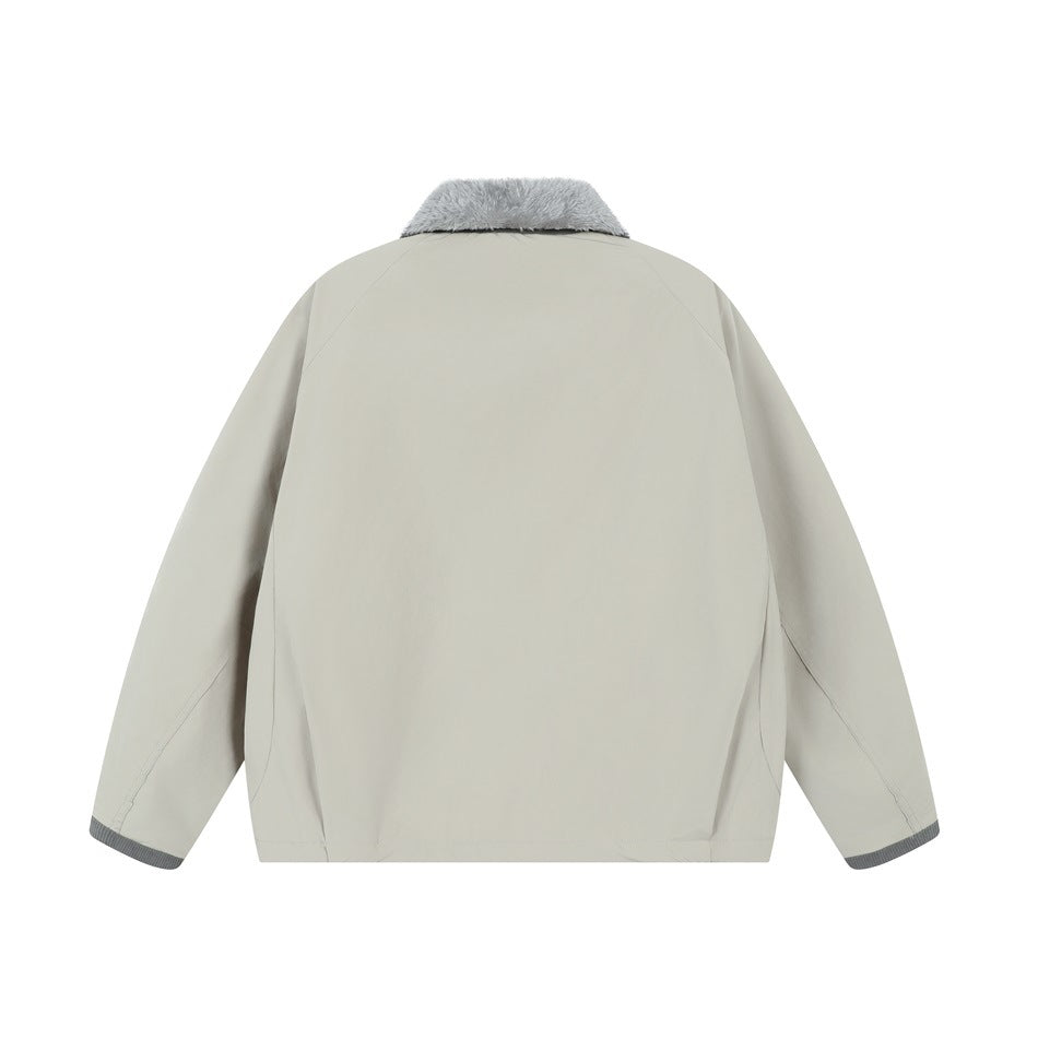 Back view of a pale beige jacket with a light gray plush collar and long sleeves.