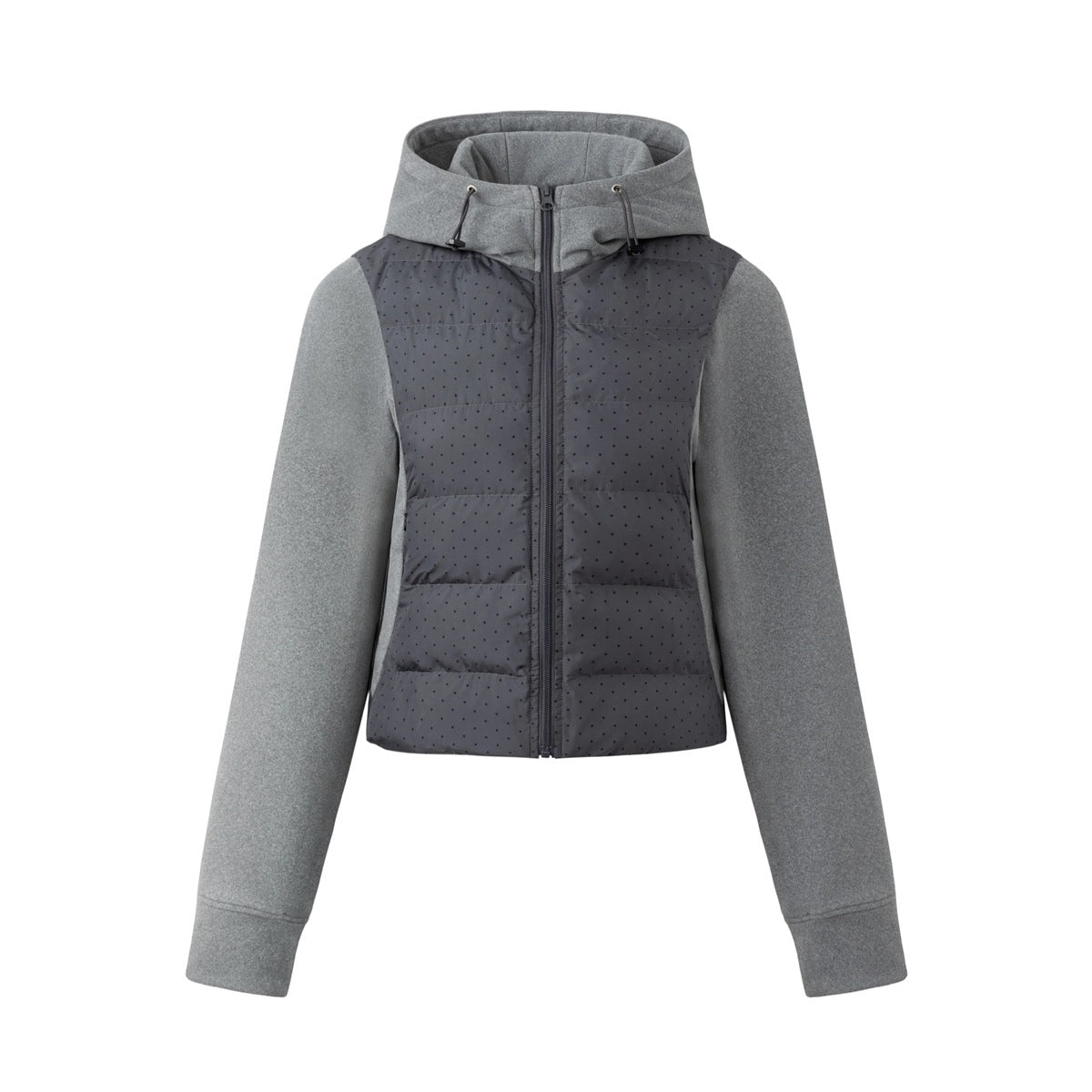 Gray cropped hooded zip jacket with polka dot quilted dark gray body and heather gray sleeves, front view