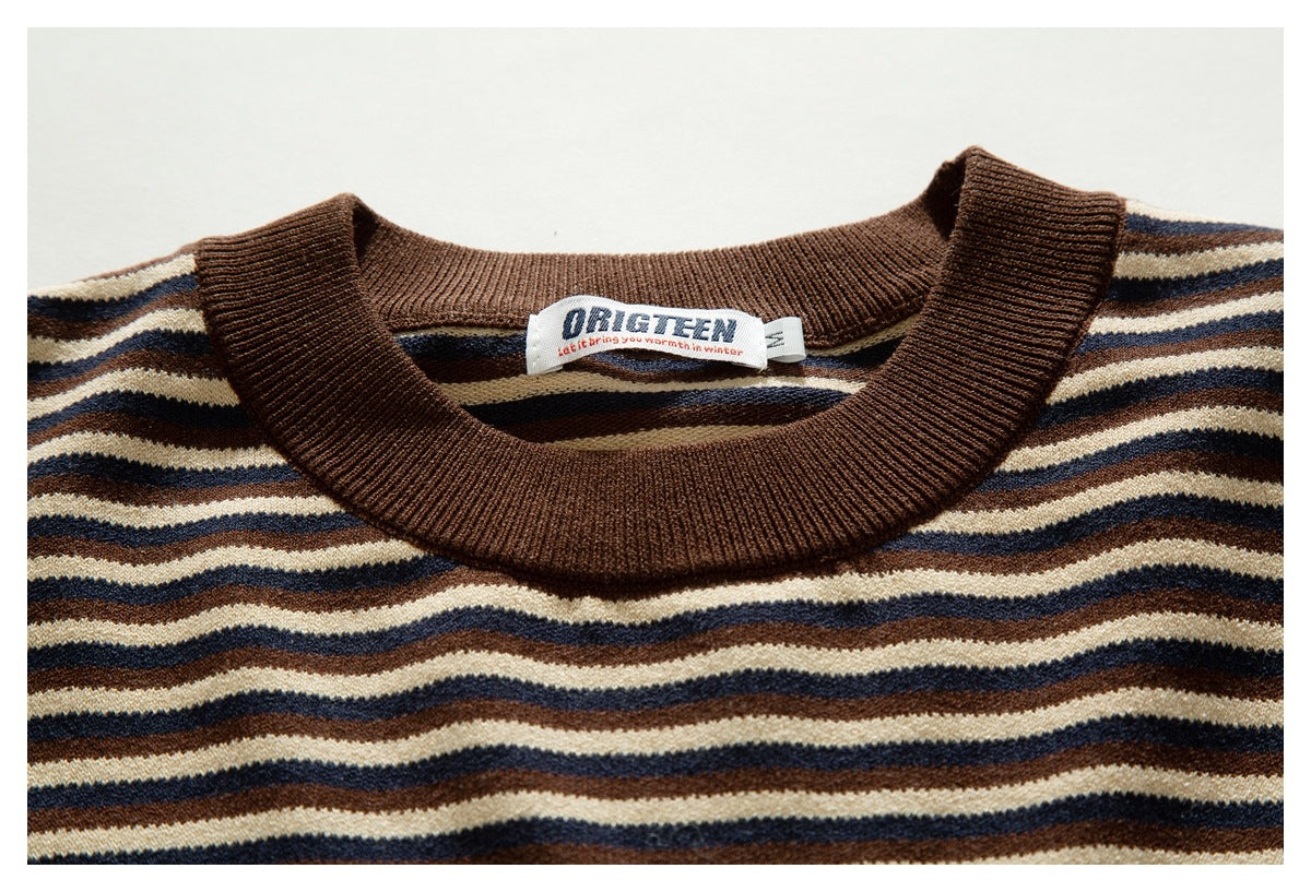 Close-up of the brown ribbed crew neck, sewn neck label, and cream, brown, and navy stripes.