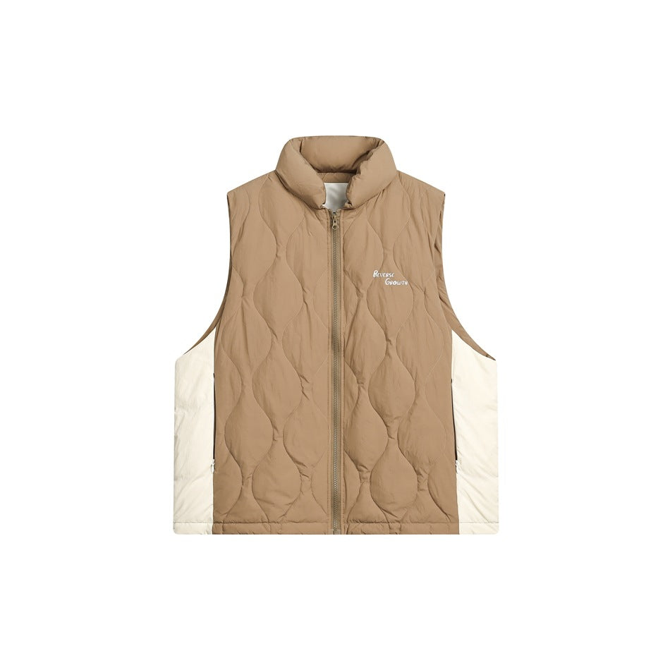 Brown quilted stand-collar vest with center zipper and cream side panels, front view on white background