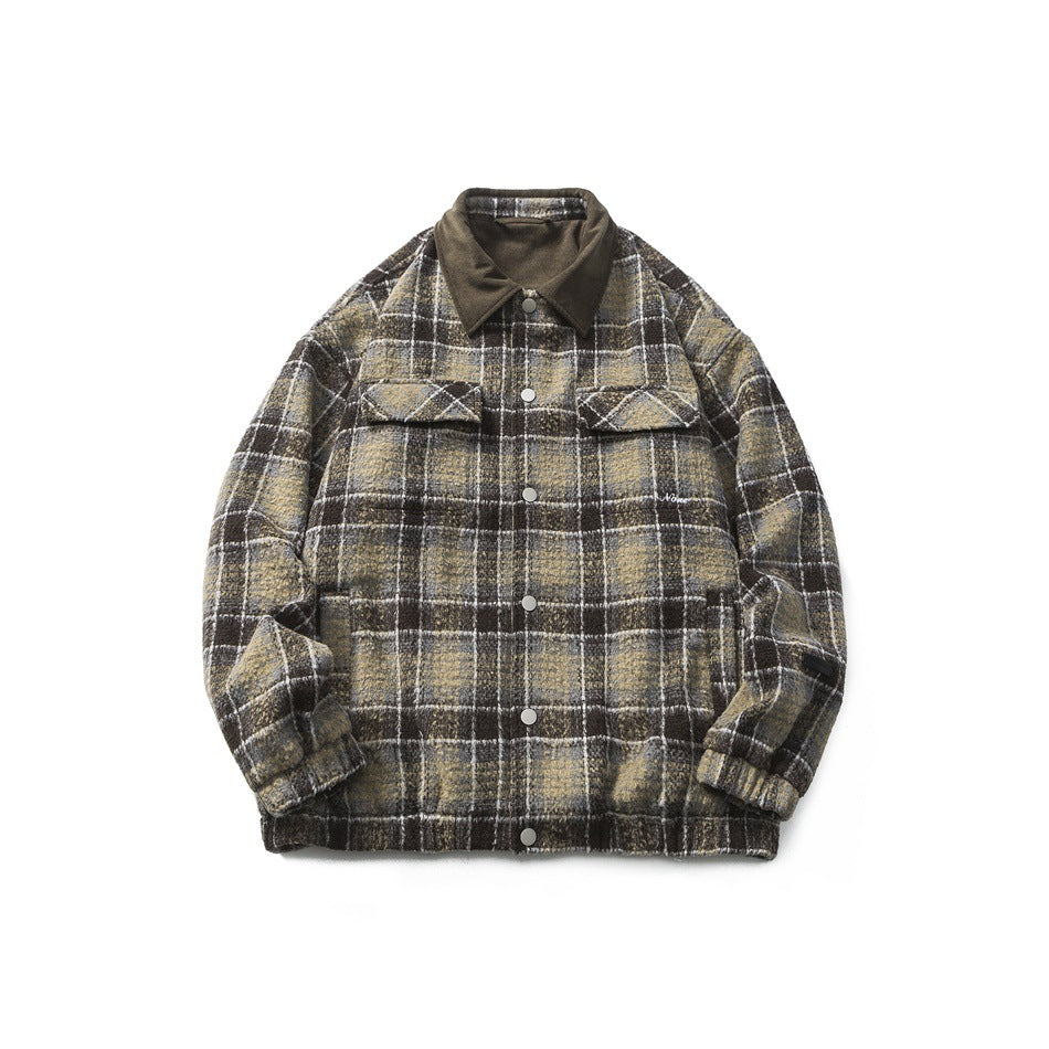 Brown plaid snap-front jacket with corduroy-look collar and chest flap pockets, flat lay front view