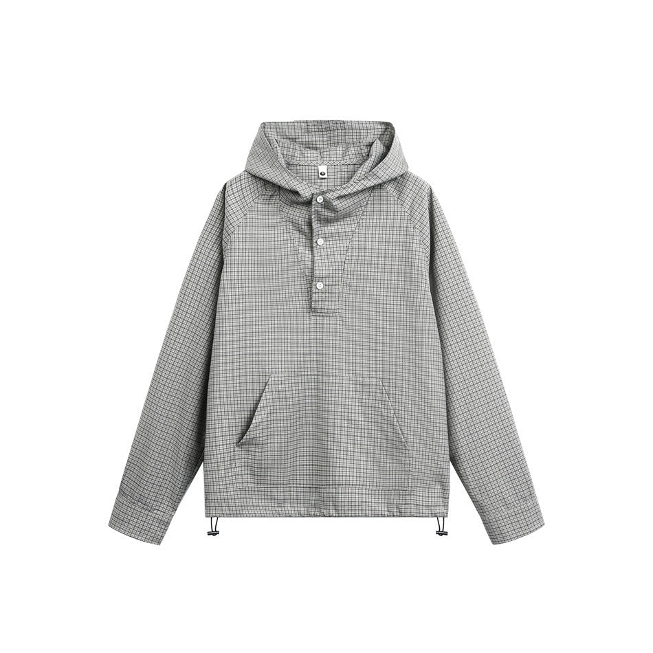 Gray small-check pullover hooded top with half-button placket, front pocket and hem drawcord toggles, flat view