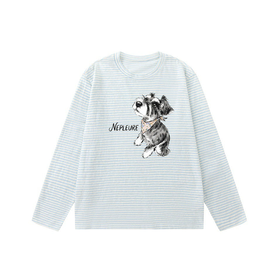 Blue striped long-sleeve crew-neck tee with a printed dog in a floral bandana and script text on the front