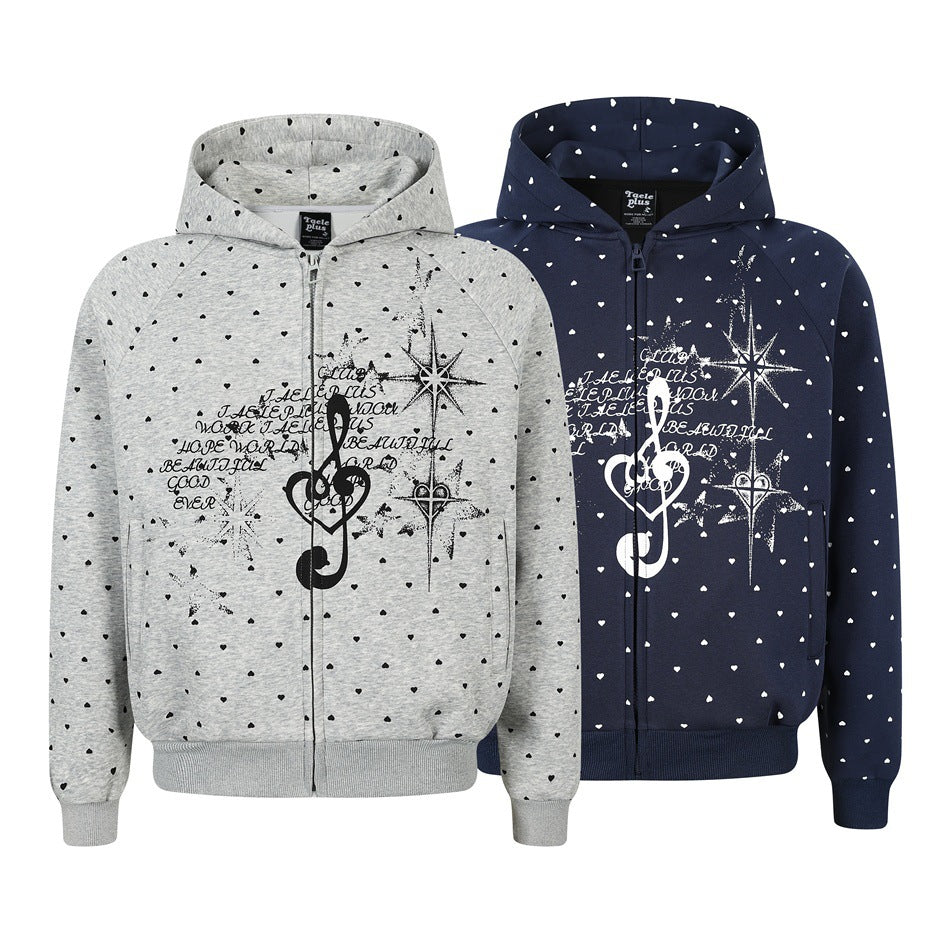 Front views of zip hoodies in light gray and navy, both patterned with small hearts and large graphic prints.