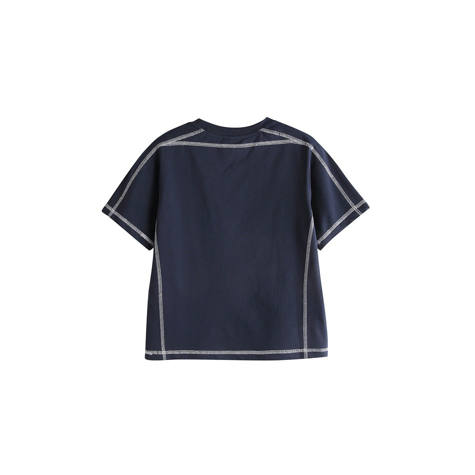 Back view of a navy short-sleeve T-shirt with light contrast stitching along the yoke, sleeves, side seams and hem