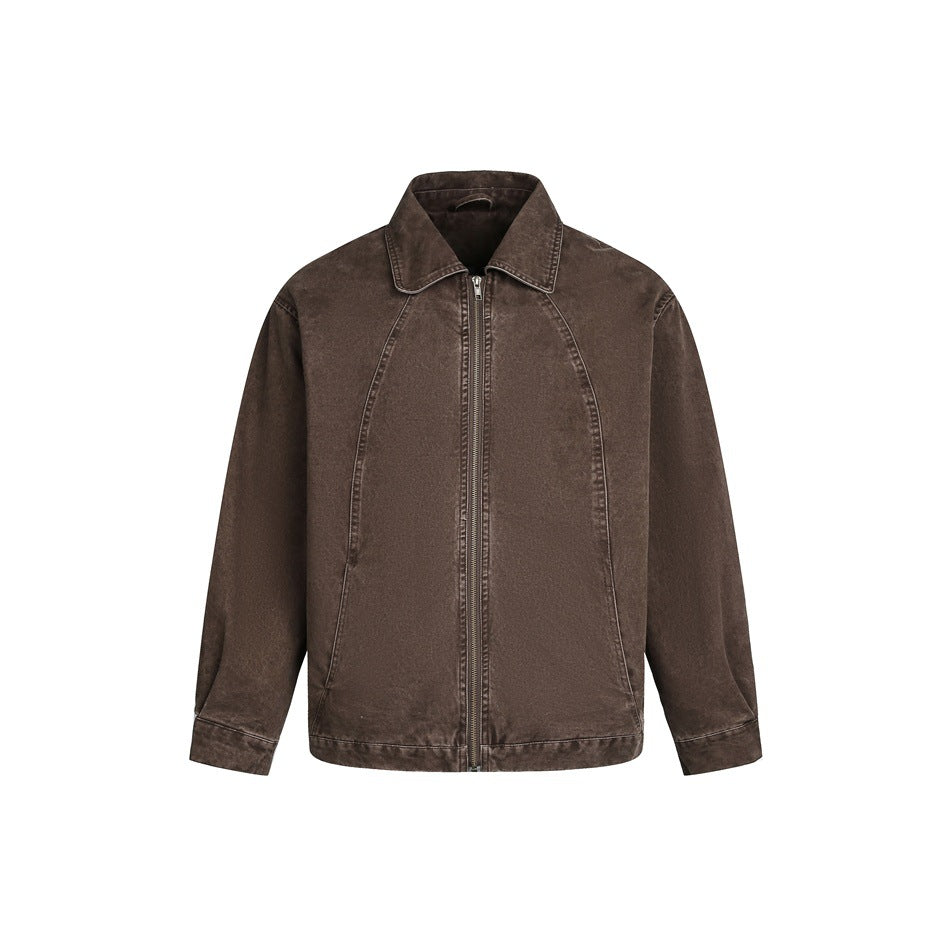 Coffee brown washed zip-front jacket with turn-down collar and curved seams, flat front view