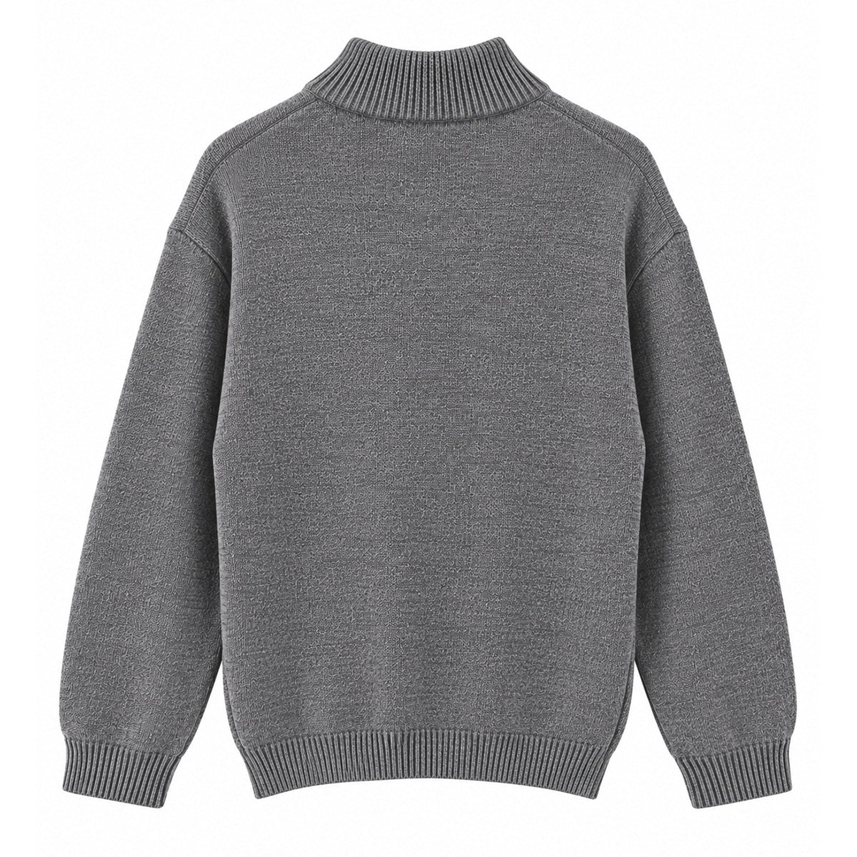 Back view of gray knit mock-neck sweater with ribbed collar, cuffs and hem
