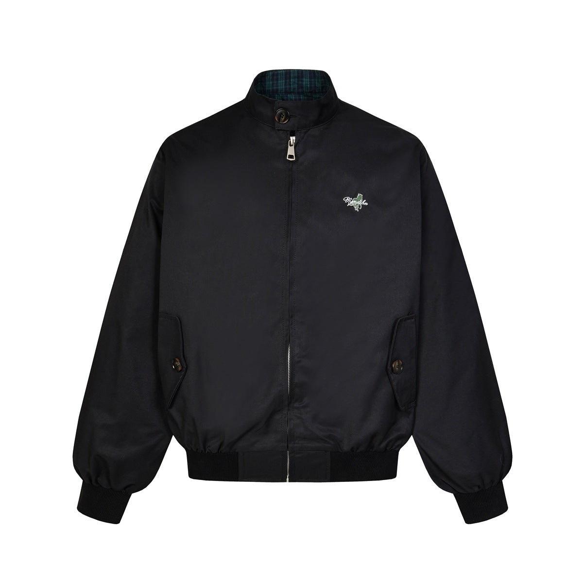 Black Harrington-style zip jacket front view with stand collar, plaid collar lining, flap pockets and ribbed hem