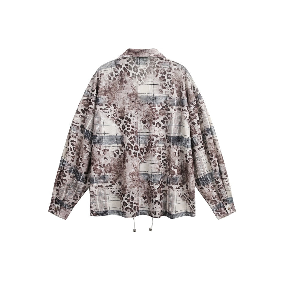 Back of a leopard and plaid print long-sleeve shirt with drawstring hem on white background