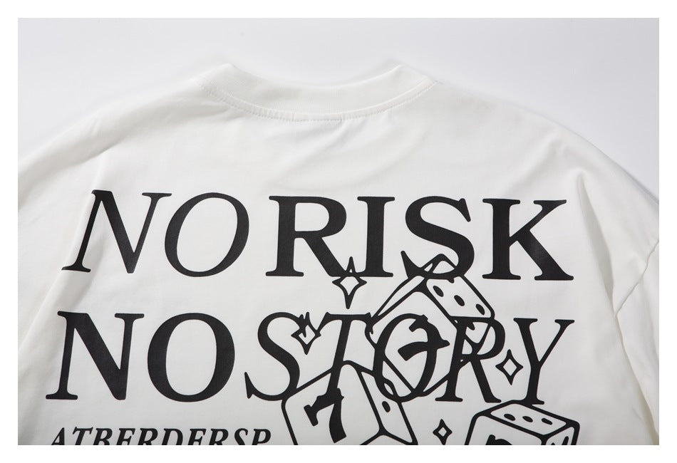 Upper back of a white T-shirt with large black lettering and dice artwork.