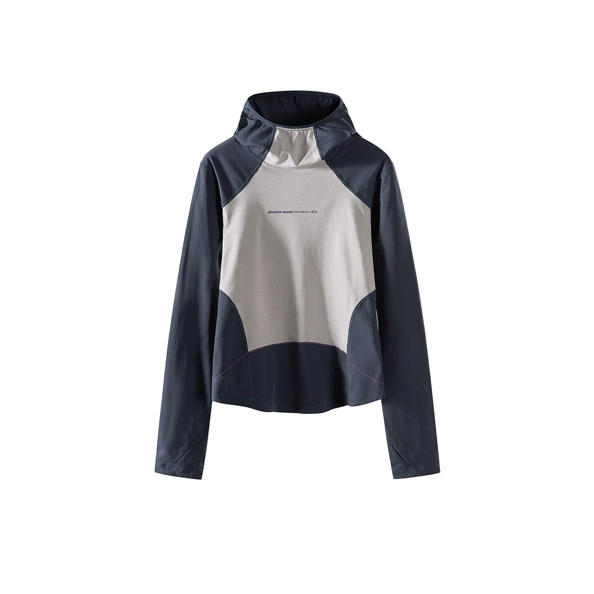 Dark slate and light gray color-block hooded long-sleeve top, flat front view with thumbholes
