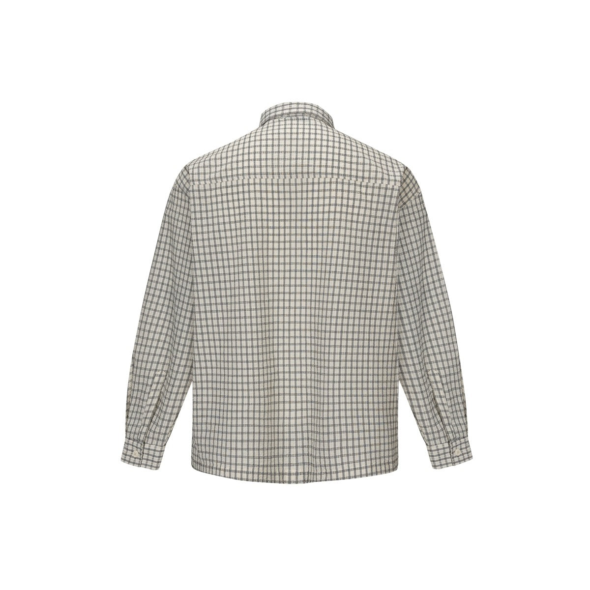 Back view of a light gray long-sleeve shirt with a small gray grid plaid pattern.