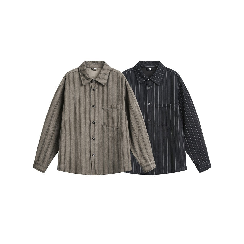Front view of taupe and black long-sleeve button-up shirts with collars, chest pockets, and vertical stripes.