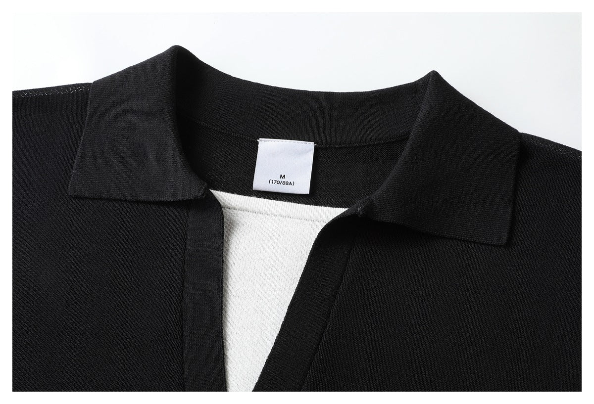 Close-up of a black knit polo collar, white inner panel, and neck label marked M (170/88A).