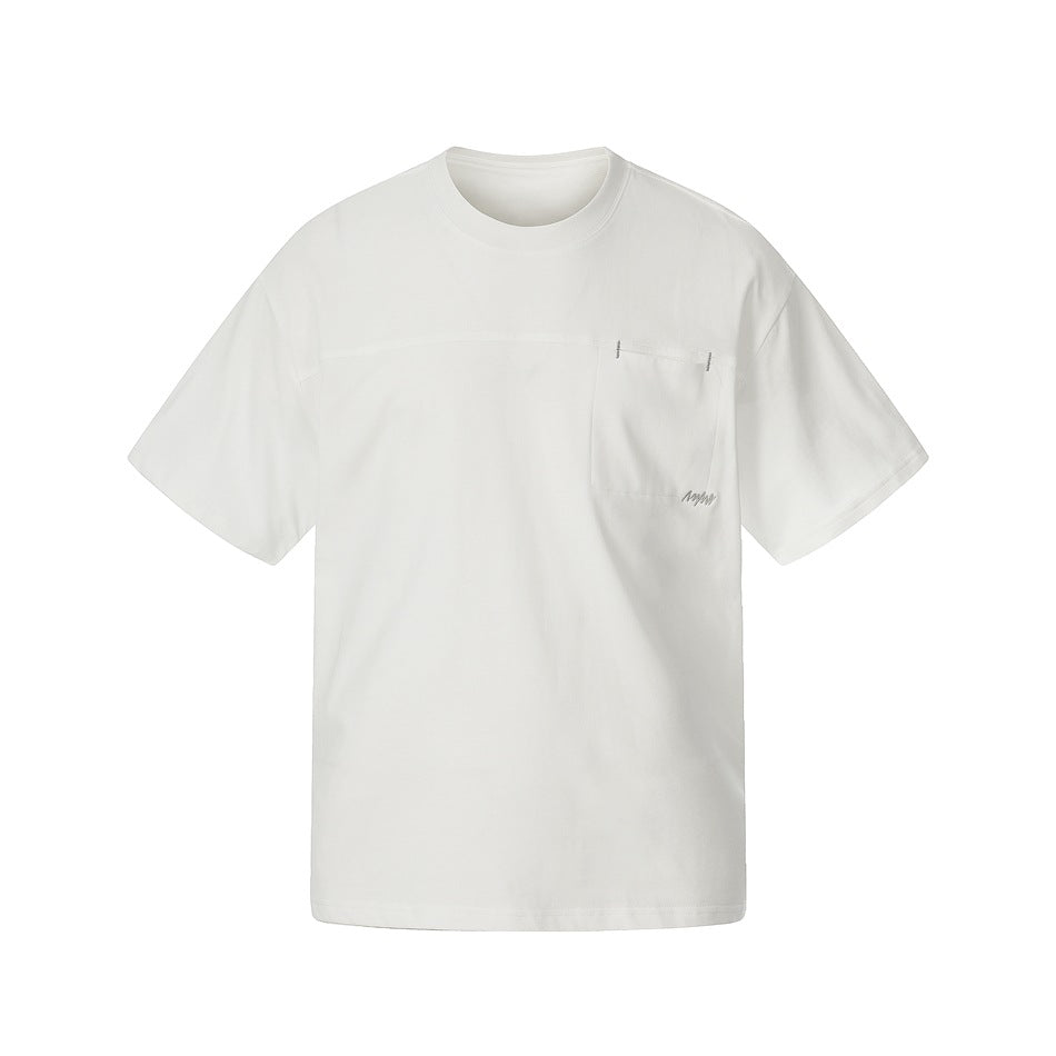 White short-sleeve crew neck T-shirt with chest seam and patch pocket, flat front view