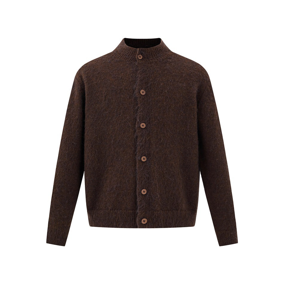 Brown button-front knit cardigan with stand collar and ribbed hem, front view on white background