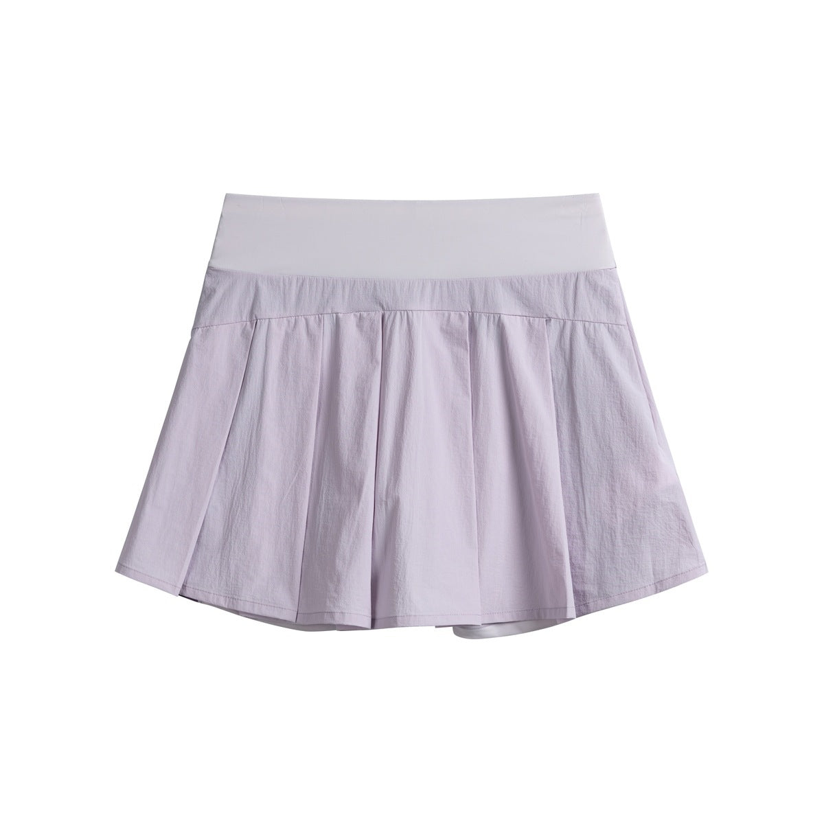 Pale lavender pleated athletic skirt with a wide waistband and built-in shorts visible underneath.