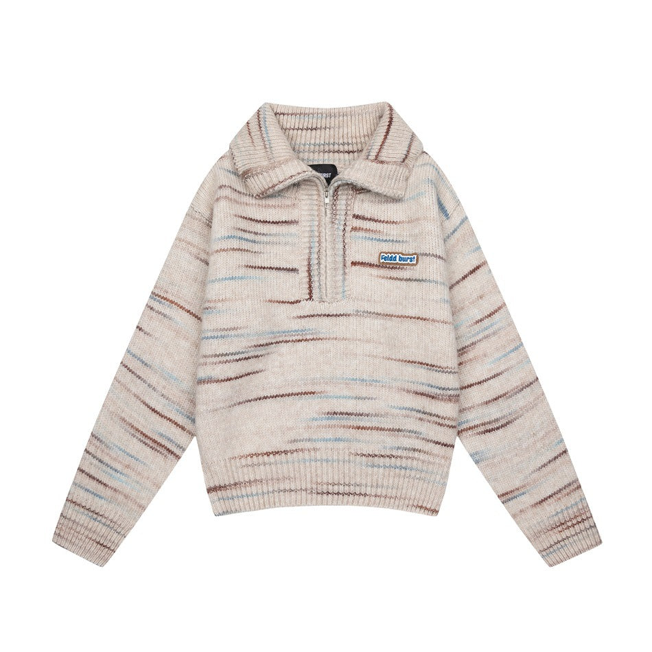 Oatmeal beige half-zip knit sweater with brown and light blue streaks and folded collar, flat front view