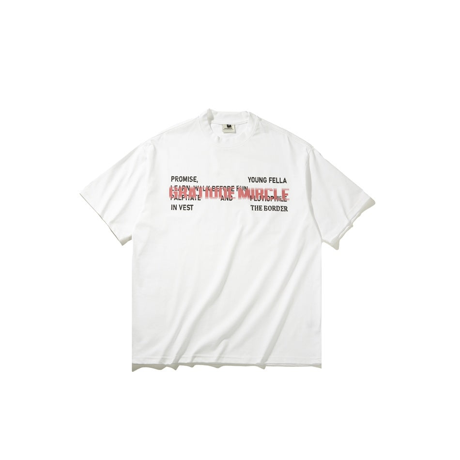 White short-sleeve t-shirt with black and red blurred English text graphic on the chest, flat front view