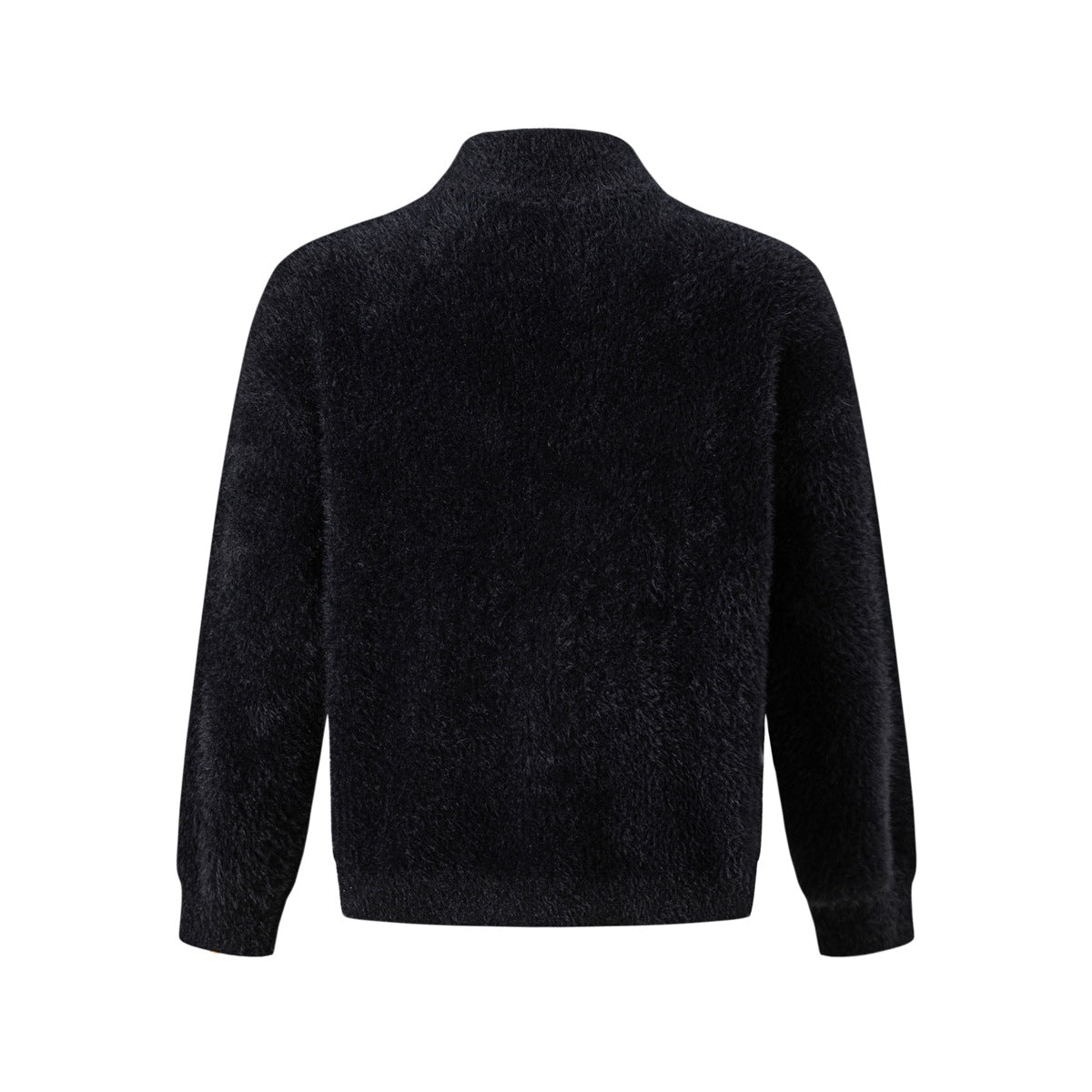 Back view of a plain black fuzzy high-neck sweater with long sleeves and ribbed cuffs and hem.