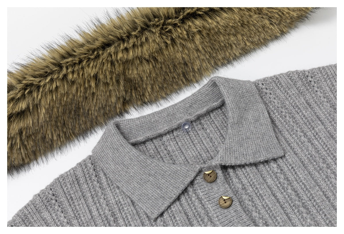 Gray rib-knit sweater collar and buttons shown with a strip of brown faux fur above.
