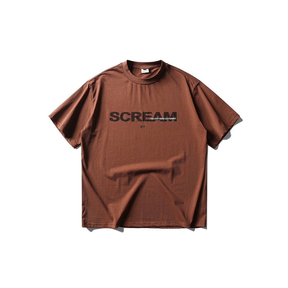 Brick-red short-sleeve crew-neck T-shirt front with black SCREAM chest graphic and small white tagline