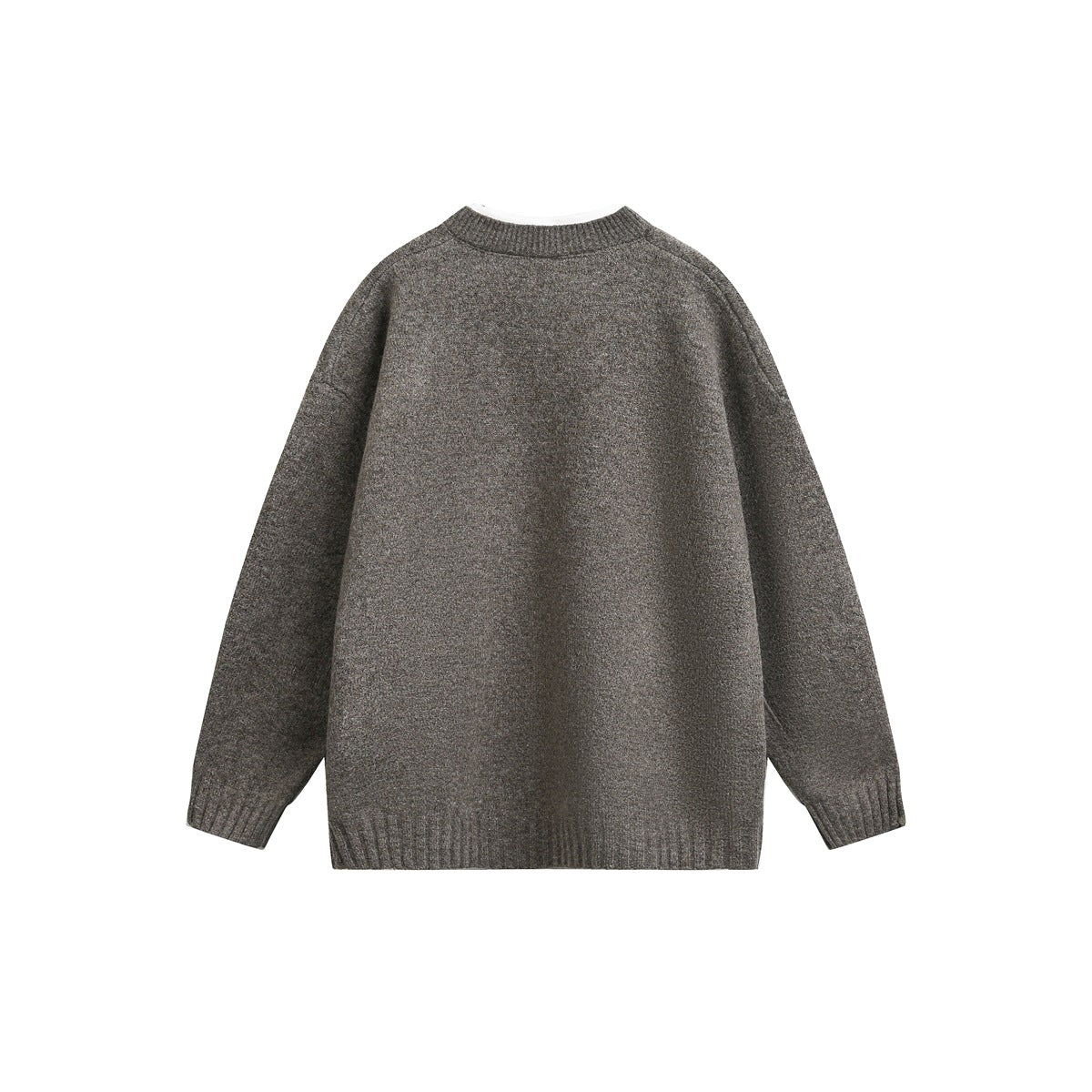 Dark gray sweater shown from the back on a white background, with a ribbed collar, cuffs, and hem.