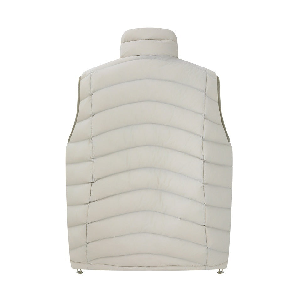Back view of an ivory sleeveless quilted vest with a stand collar and horizontal padded panels.