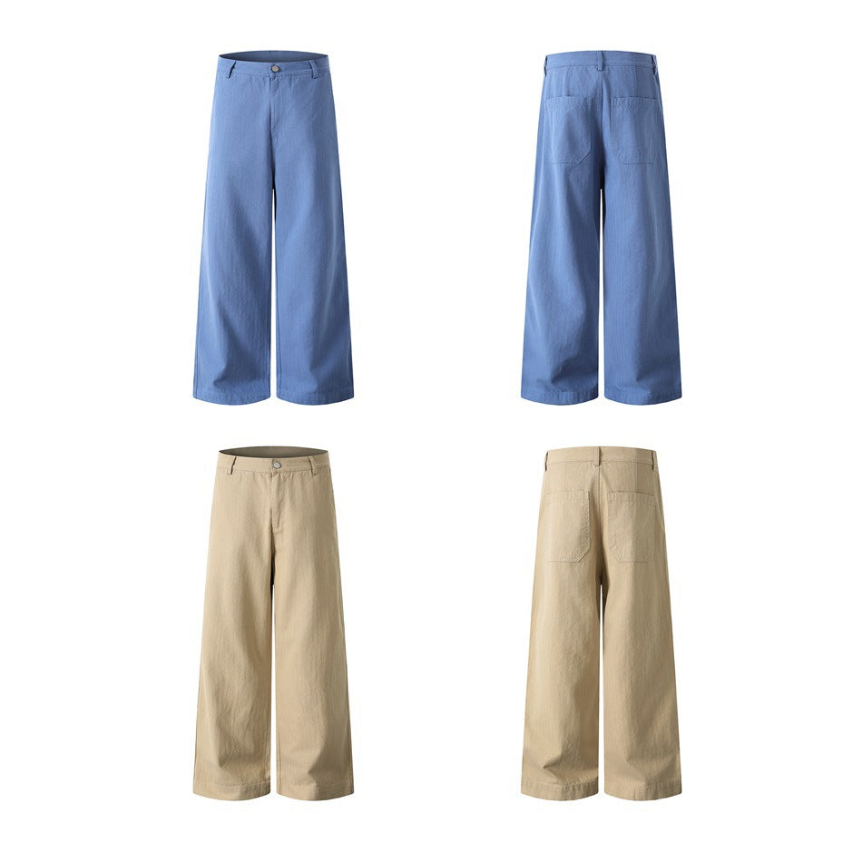 Blue and khaki wide-leg trousers shown front and back, with two patch pockets on the back