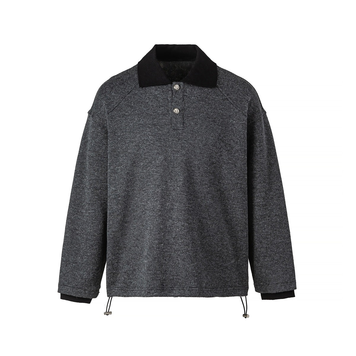 Dark gray heathered polo-collar pullover with black collar, two buttons, black cuffs and hem drawcord, flat front view