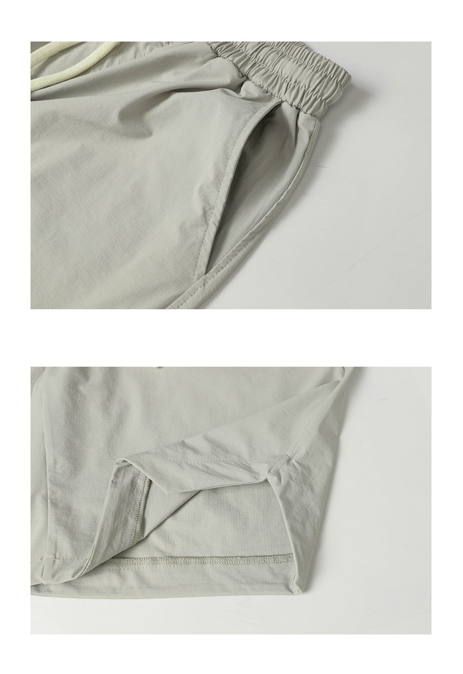 Close-ups of light gray trousers showing a side pocket opening and a stitched hem.