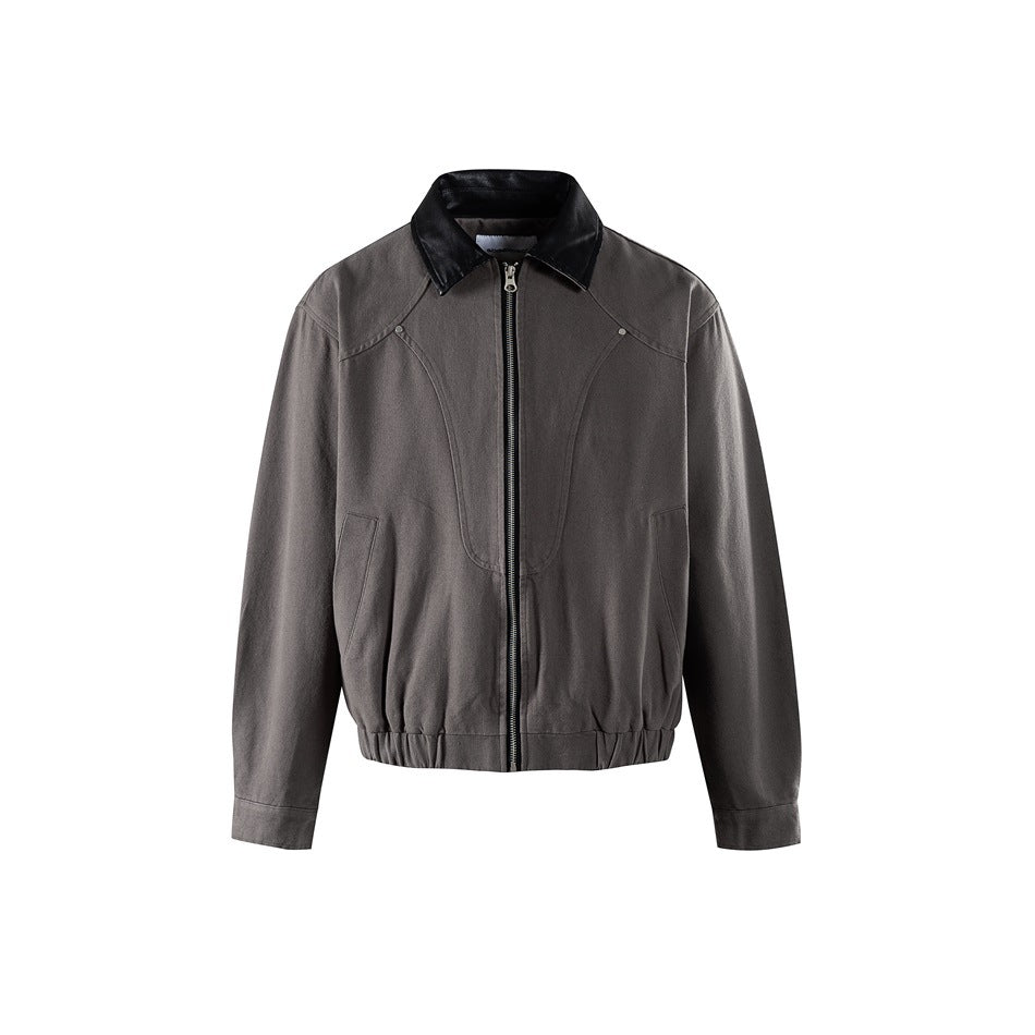 Gray zip-front jacket with black glossy collar, curved front seams, slanted pockets and elastic hem, flat front view