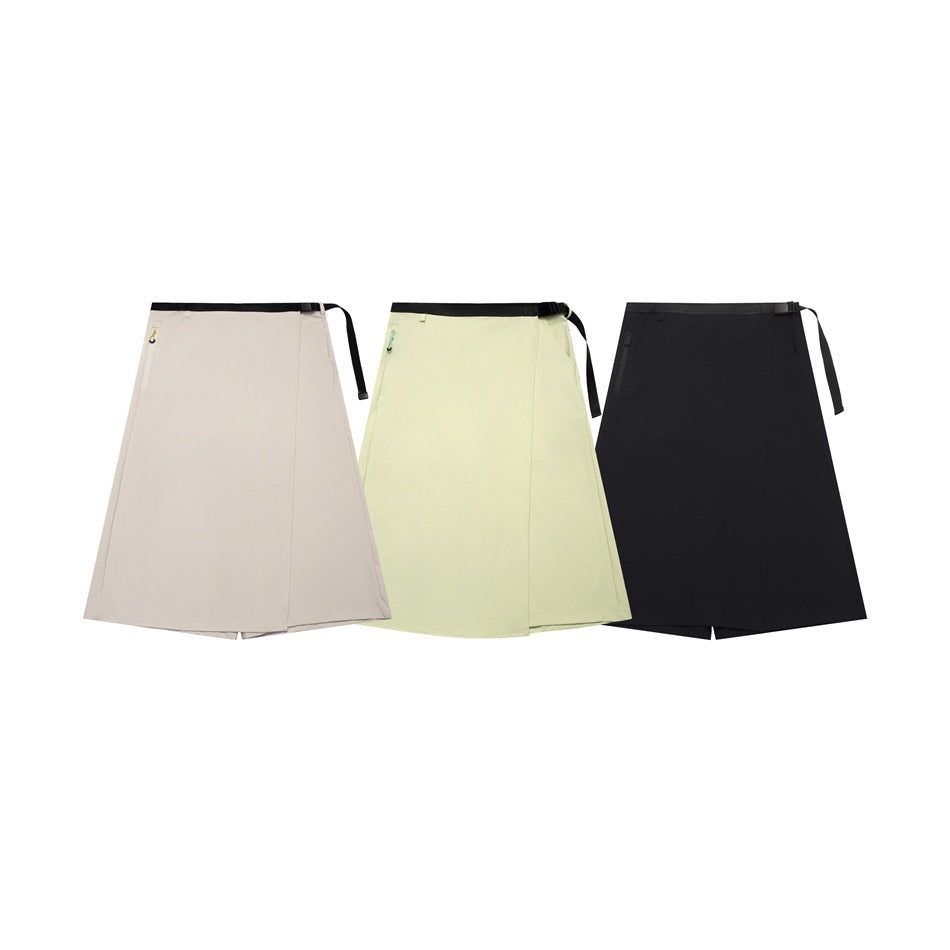 Three skirt colorways shown together: beige, pale yellow, and black, each with a black belt.