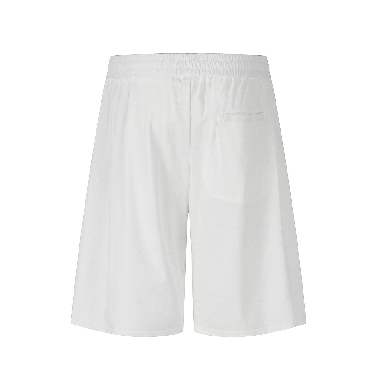 Back view of white shorts with an elastic waistband and a single back pocket, shown against white.