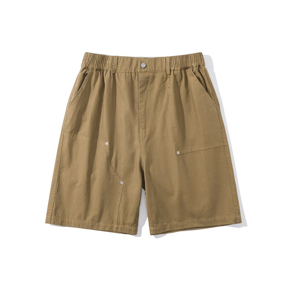 Khaki knee-length shorts flat lay, front view with elastic waist, button, patch pockets and metal rivets