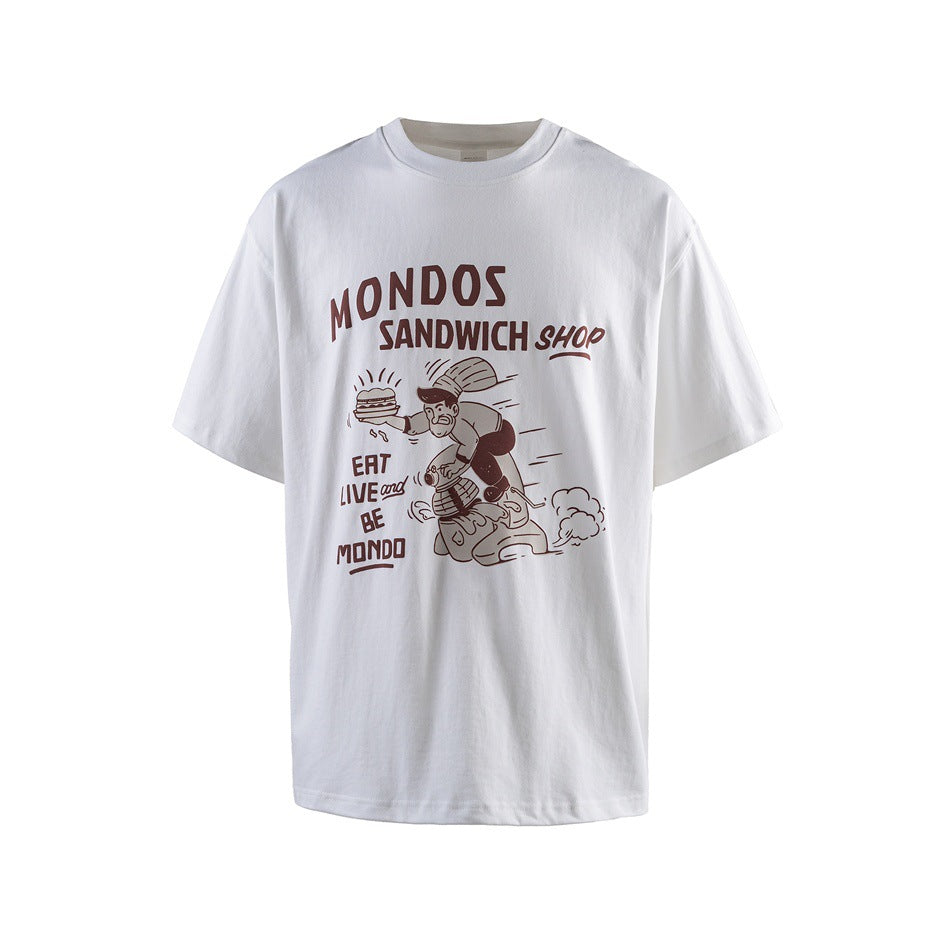 White short-sleeve crew-neck T-shirt with brown MONDOS SANDWICH SHOP chef-on-scooter graphic, front view