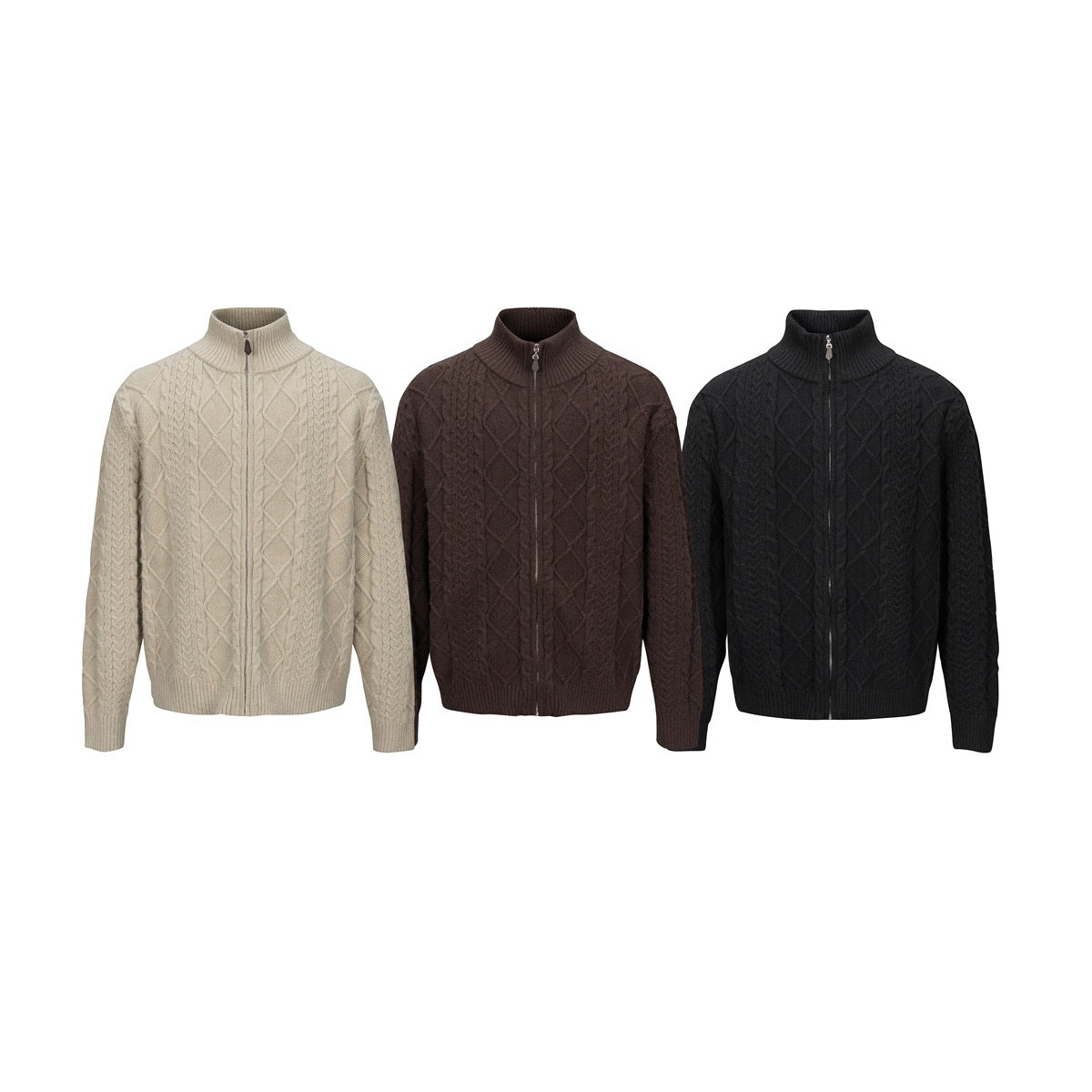 Three cable-knit zip sweaters shown from the front in cream, dark brown, and black.