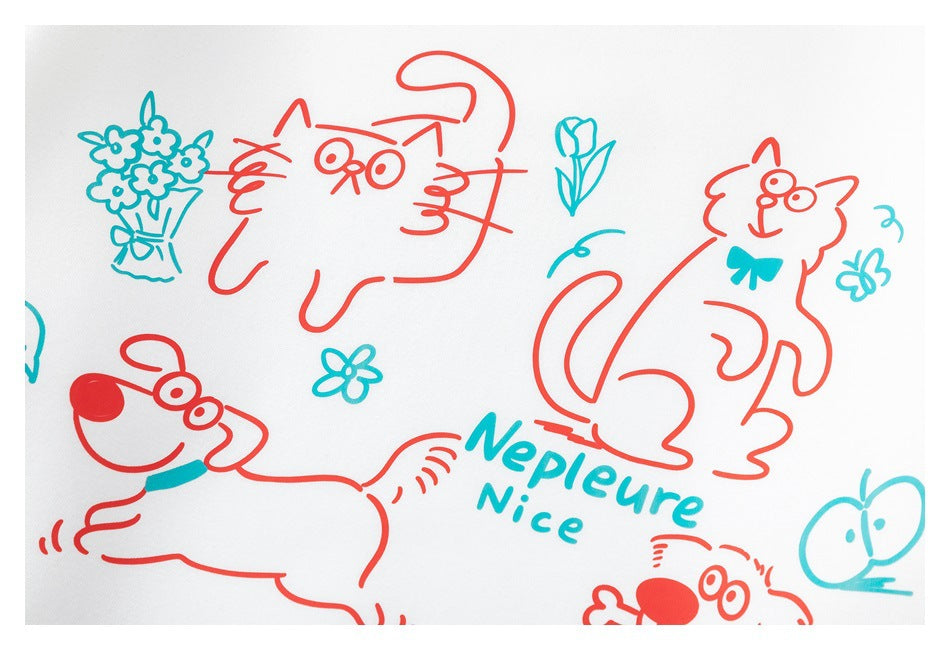 Close-up of the sweatshirt's red and teal animal illustrations and English lettering printed on white fabric.