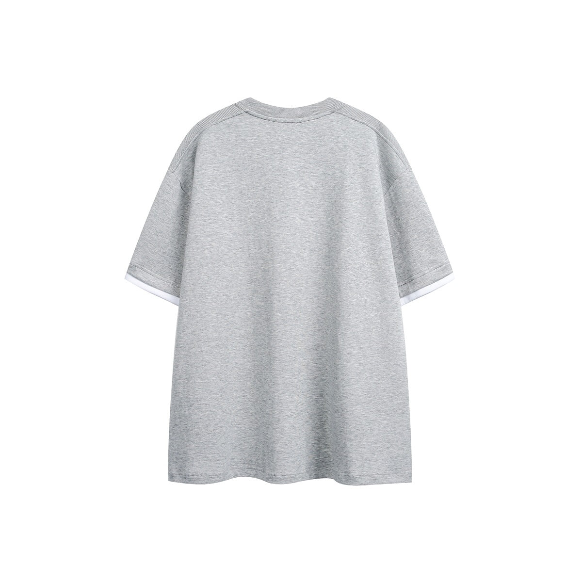 Back view of a plain light heather-gray short-sleeve shirt with a ribbed crew neck and white sleeve trim.