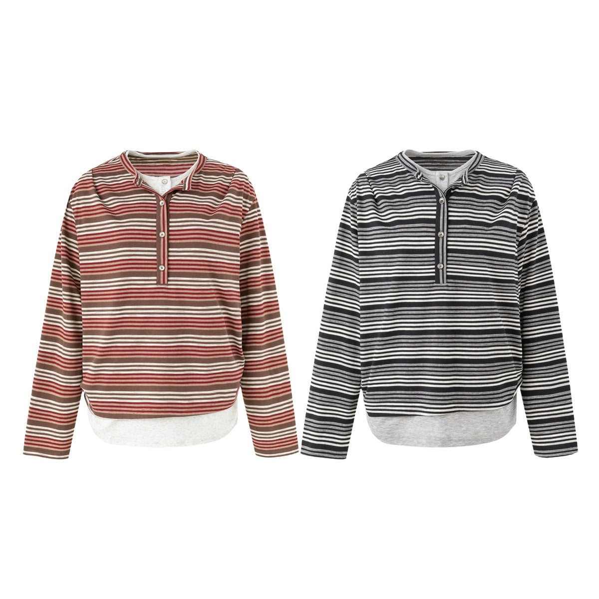 Two long-sleeve striped henley tops shown front-facing: one rust, brown and cream; the other black, gray and white.